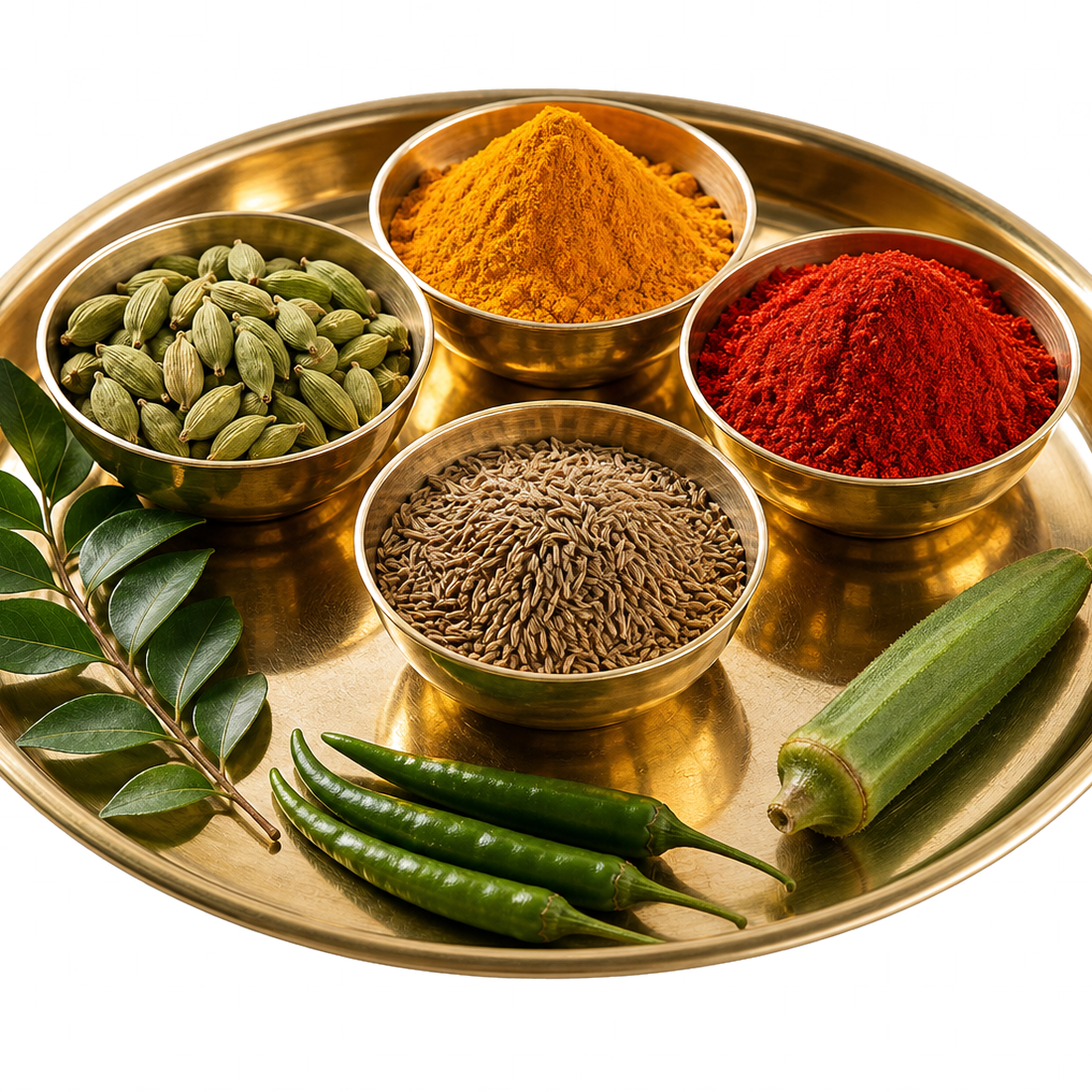 A brass thali of vibrant Indian spices and fresh produce