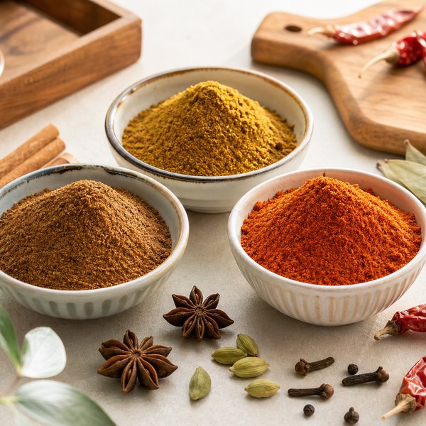 Bowls of Indian masala spice blends
