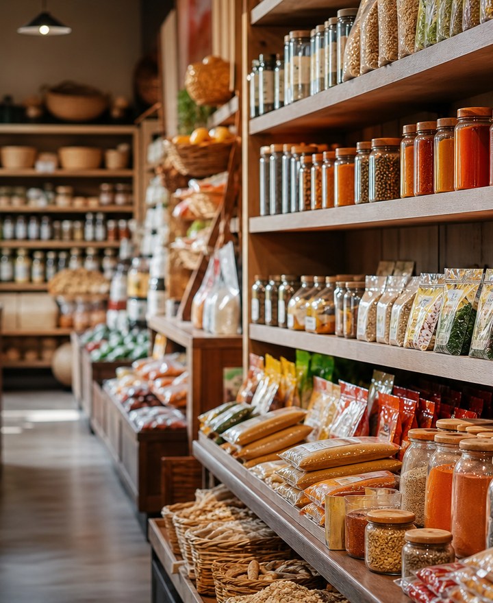 A tidy Indian grocery aisle with spices and packaged goods